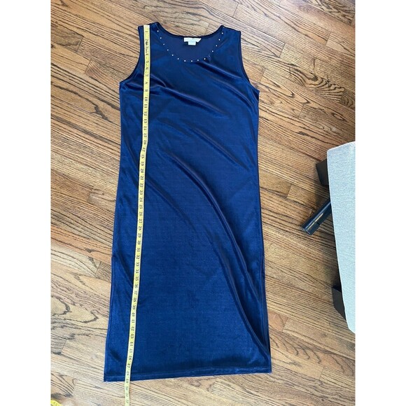 Vintage 1990s Miss & Mrs Blue Crushed Velvet Midi Rhinestone Slit Large Dress - Picture 9 of 12